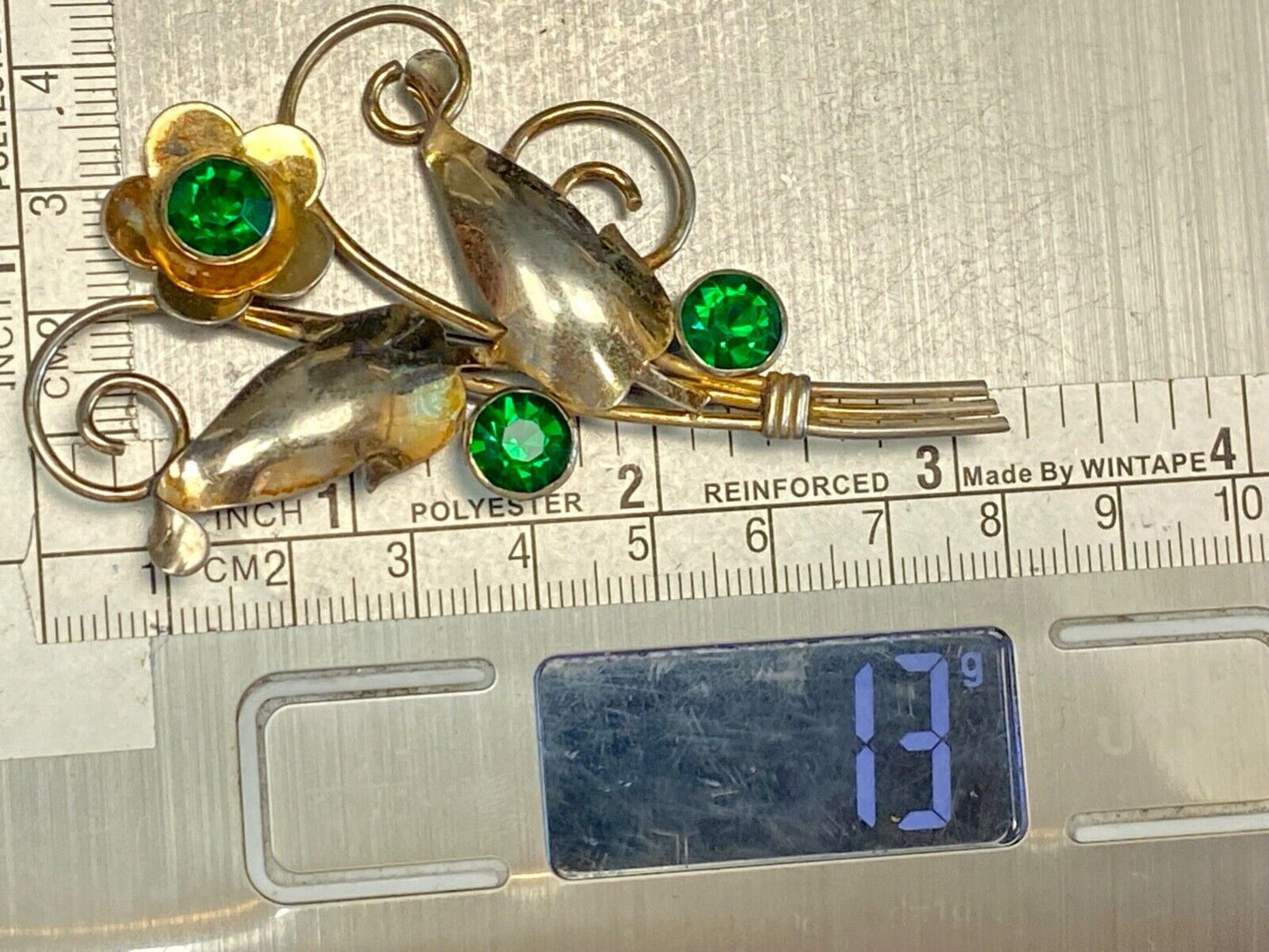 Beautiful Green Rhinestones? In Flower Theme Sterling Silver 925 Vintage Brooch