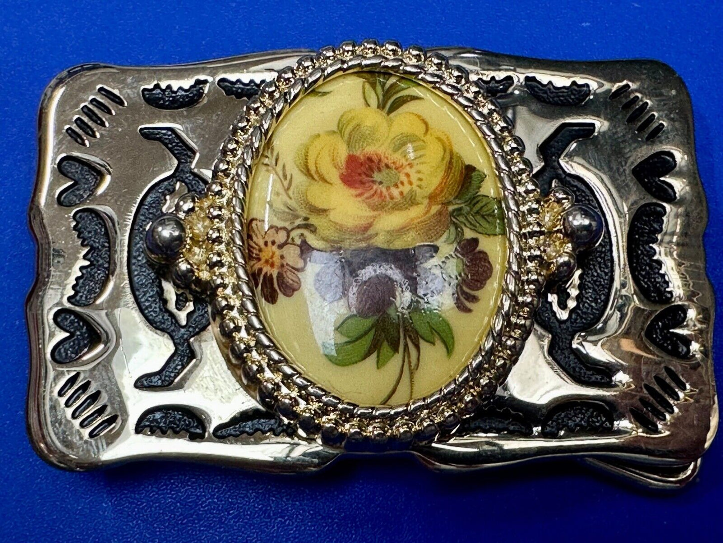 Art Flower Picture Cabochon Cab Centerpiece on gold tone Western Belt Buckle