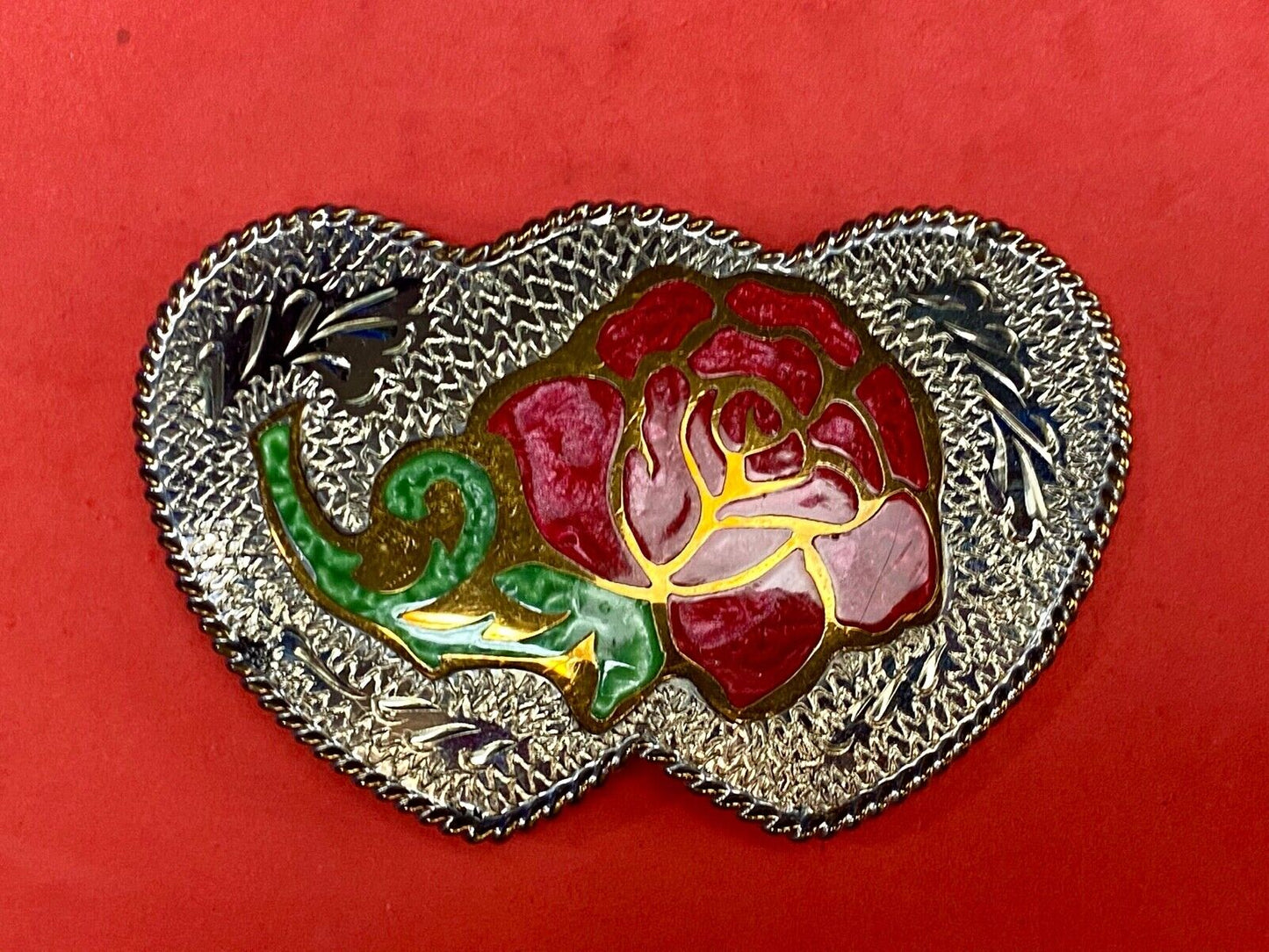 Beautiful J. TEDDER signed three HEART's and rose western belt buckle