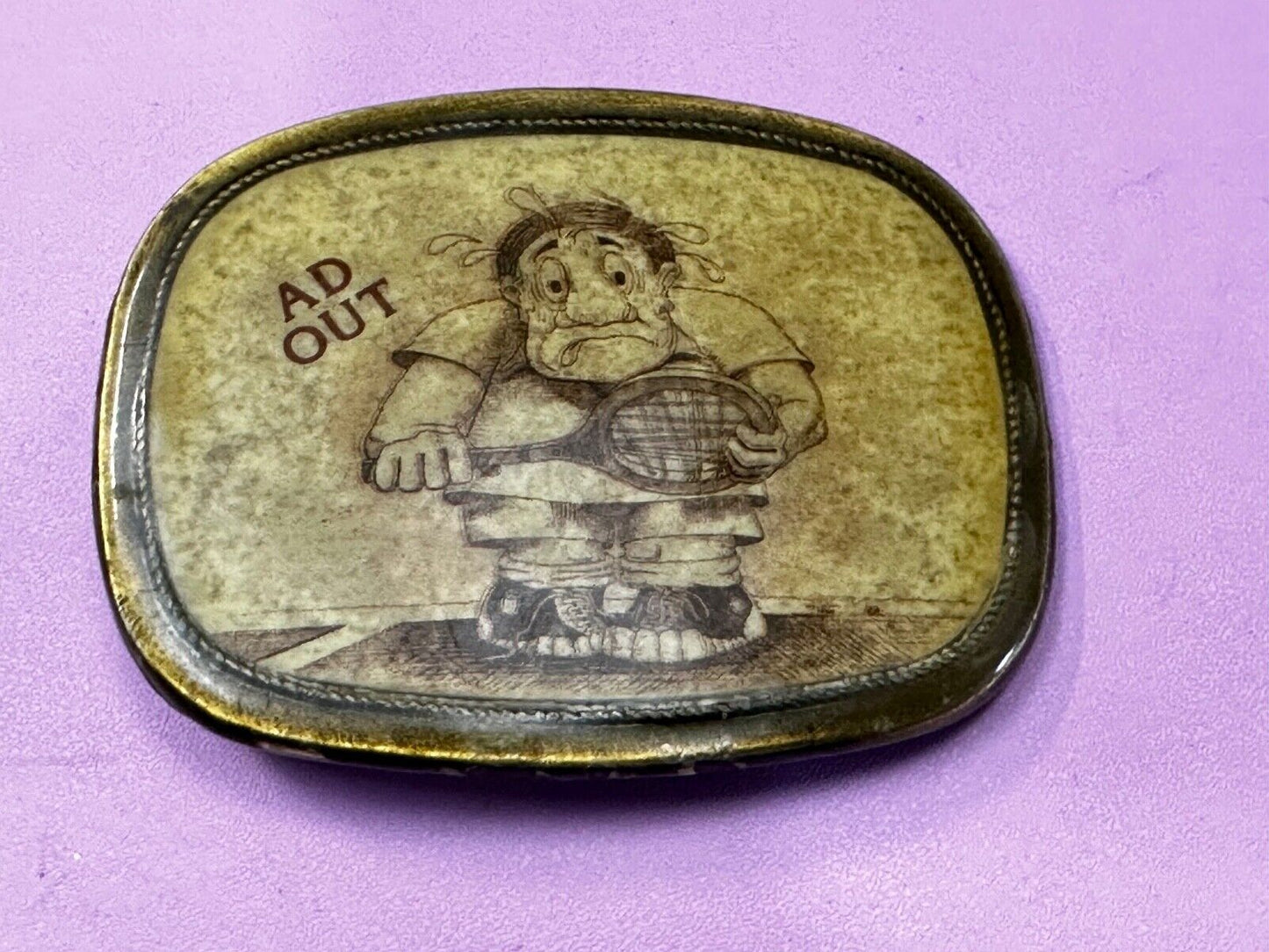 Vintage Cartoon Man AD OUT - Tennis Game Match Retro Sports Belt Buckle