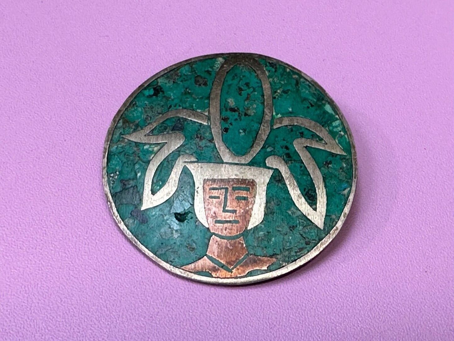 Beautiful Inlaid Person Figure Face sterling silver brooch - CPR Mexico 925