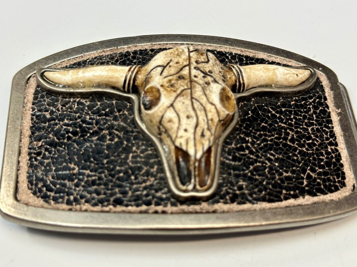 Texas Longhorn Silver tone Faux Leather backing Belt Buckle by Classico Itallio