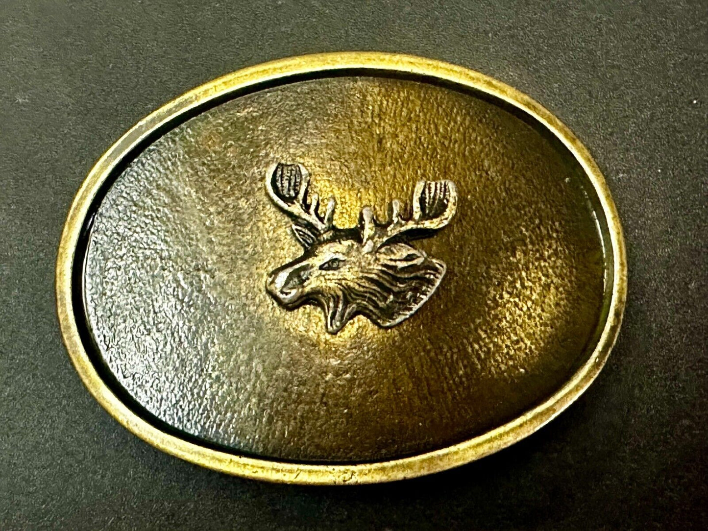 The Elk - Centered In Western Oval Brass Tone Usa Made Belt Buckle