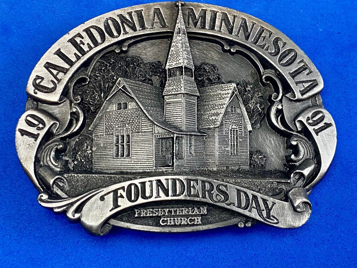Vintage 1991 - Founder’s Days Caledonia MN belt buckle - presbyterian church