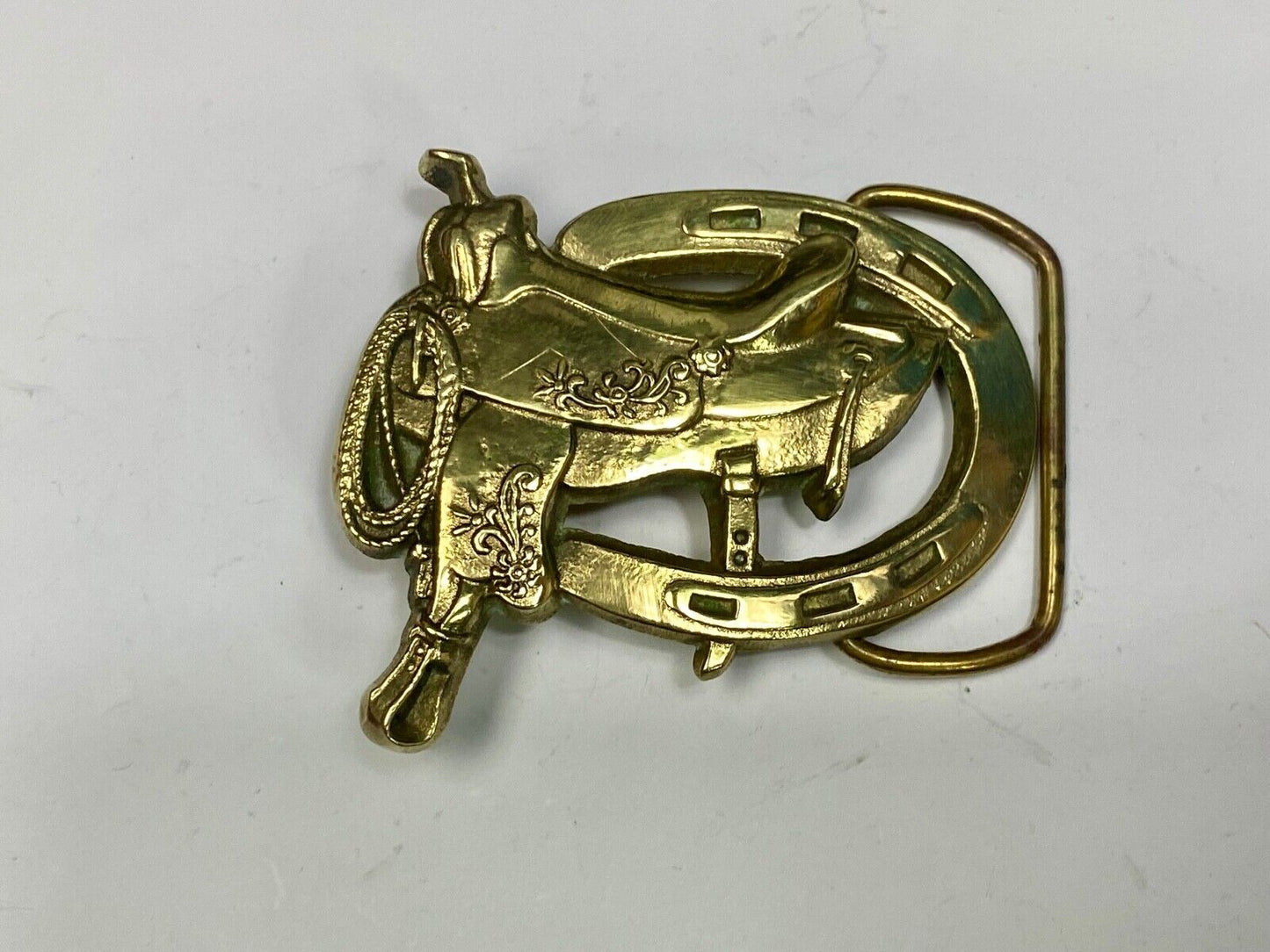 Vintage 1980 Horse Saddle Solid Brass Belt Buckle By Baron Brass Works