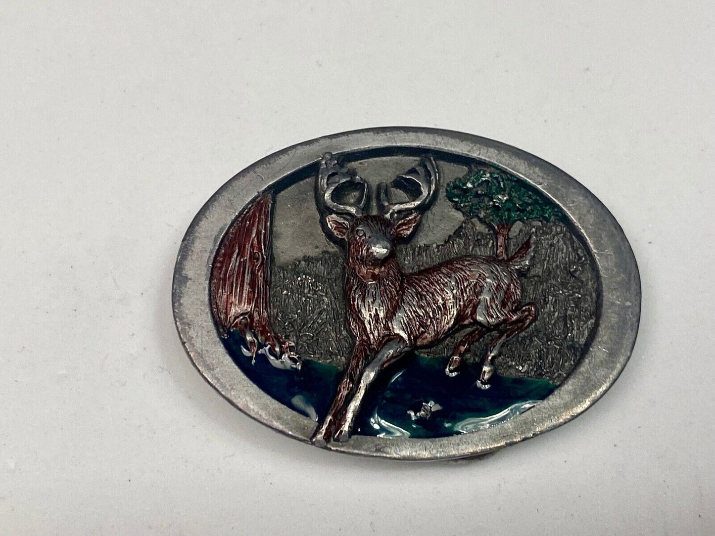 Vintage 1986 Deer In Nature C&J Inc Pewter Hunters Belt Buckle Cj1814