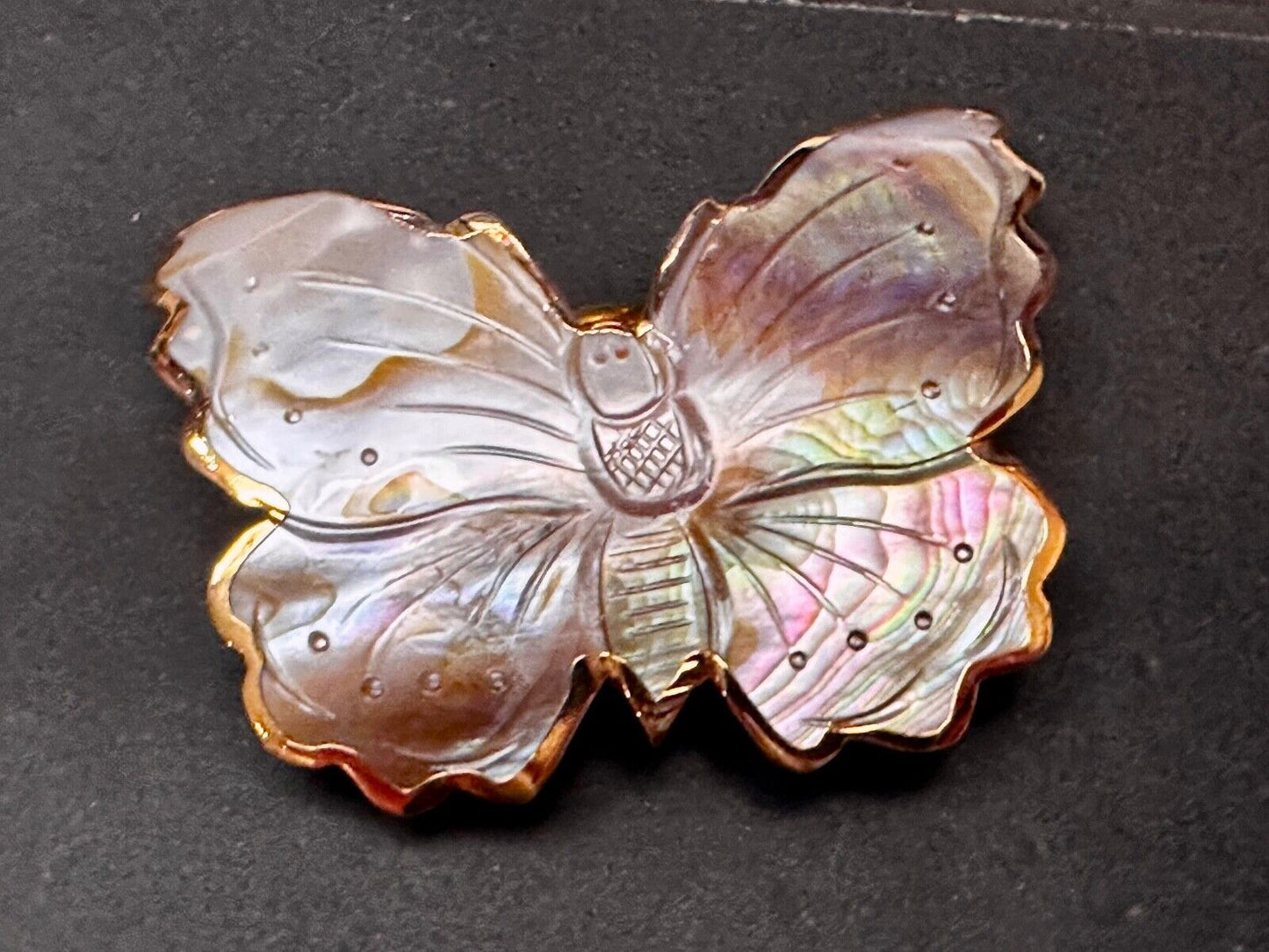 Vintage Butterfly Shaped MOP Mother of Pearl Cutout Gold tone Belt Buckle Slide