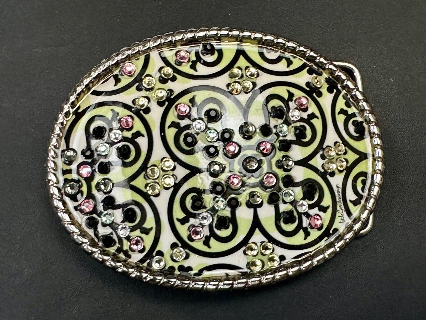 Artisan western oval girlie pink & green rhinestone accented belt buckle