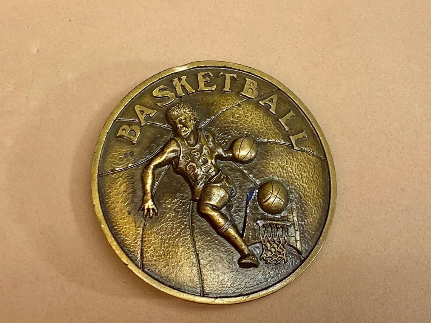 Vintage 1978 Retro Round Basketball Player Belt Buckle By Indiana Metal Craft