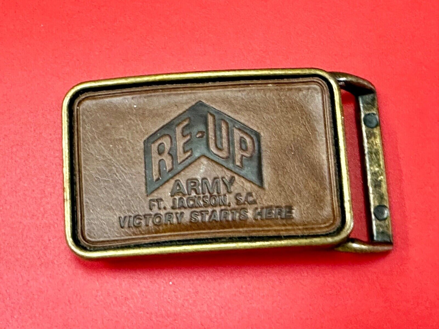 Army Re-up Ft Jackson SC Victory starts here leather & brass tone belt buckle