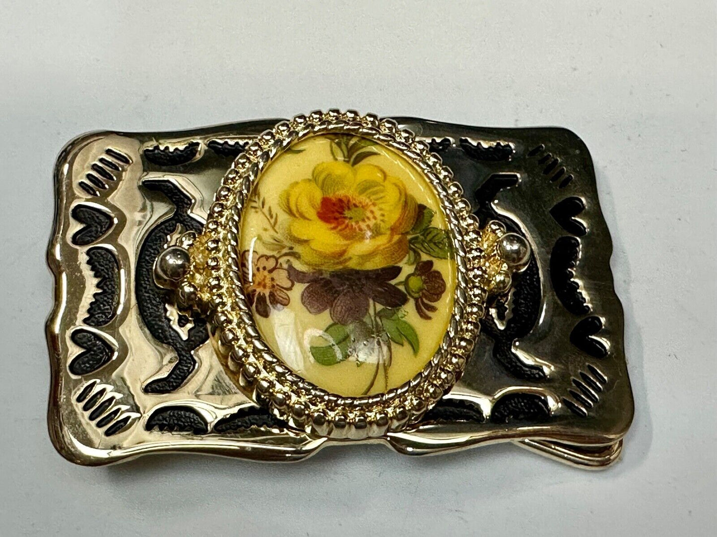Art Flower Picture Cabochon Cab Centerpiece on gold tone Western Belt Buckle