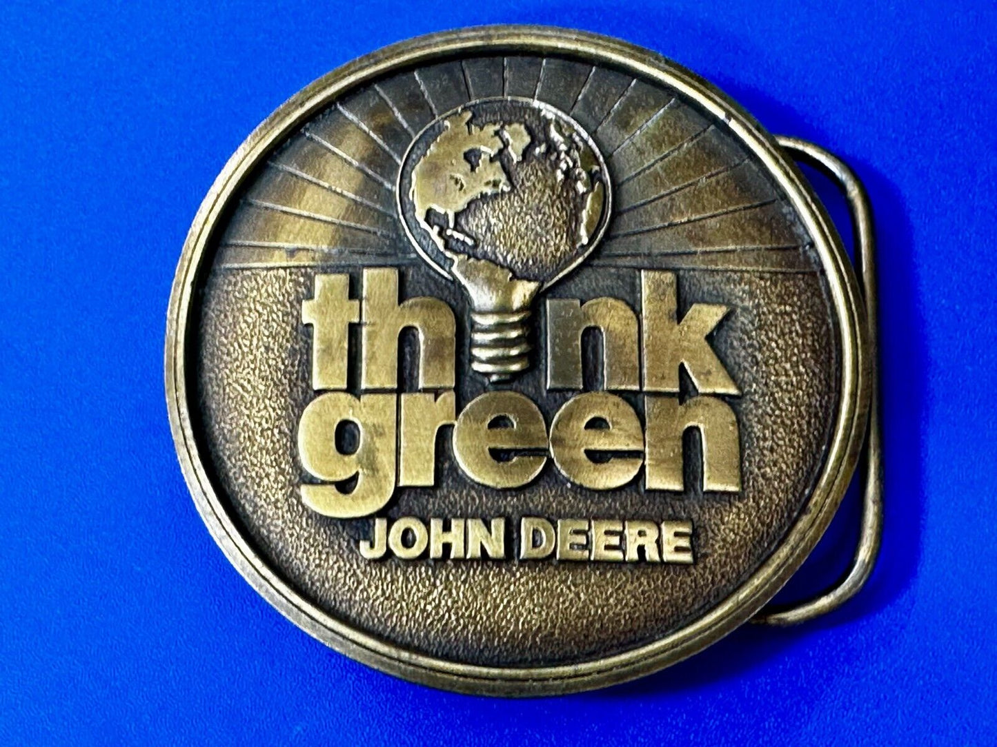 THINK GREEN - John Deere Farm Tractors Vintage Brass Tone Round Belt Buckle