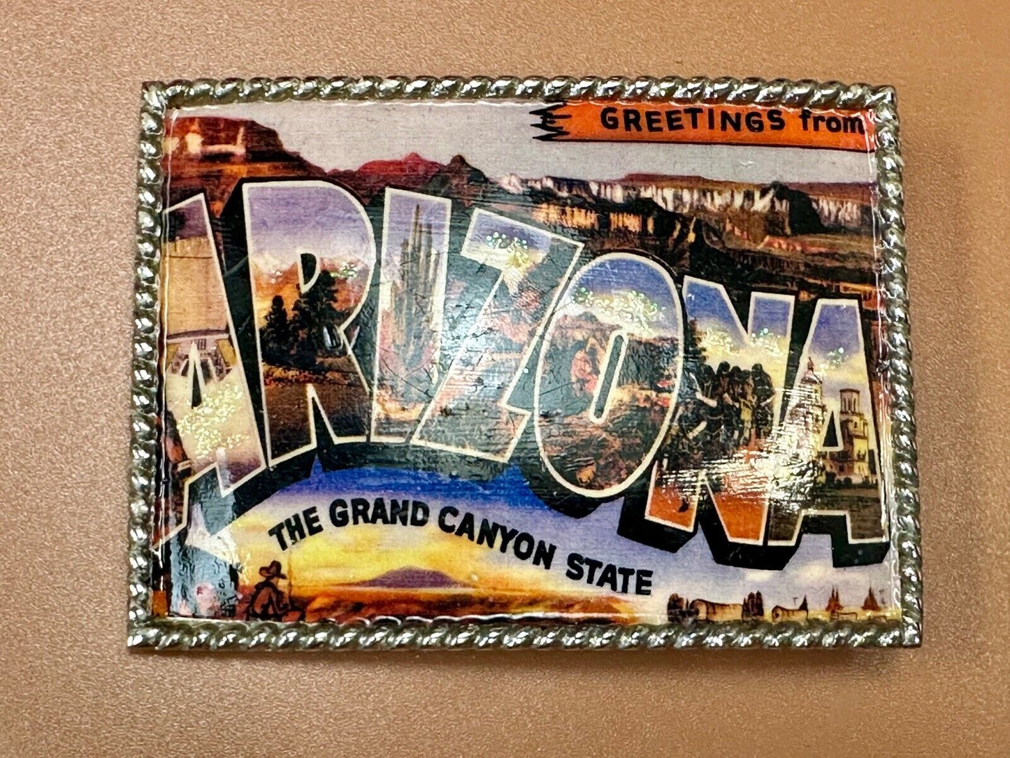 The Beautiful State of Arizona AZ post card style picture belt buckle