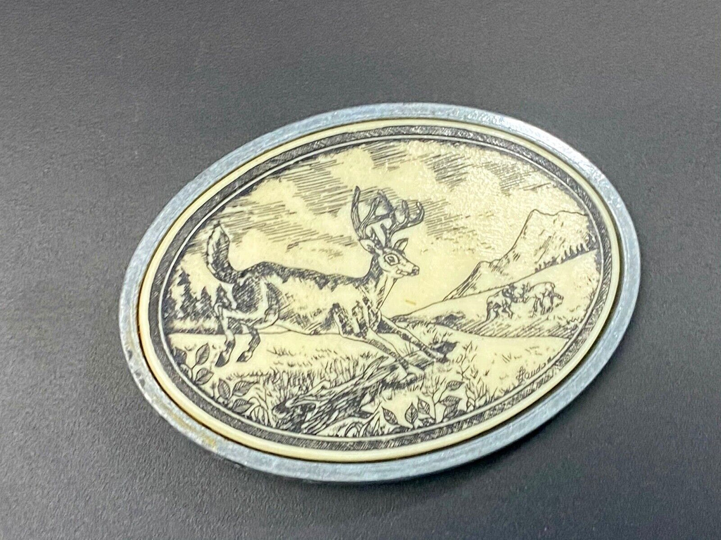 Vintage DEER jumping in nature handcrafted scrimshaw style series belt buckle