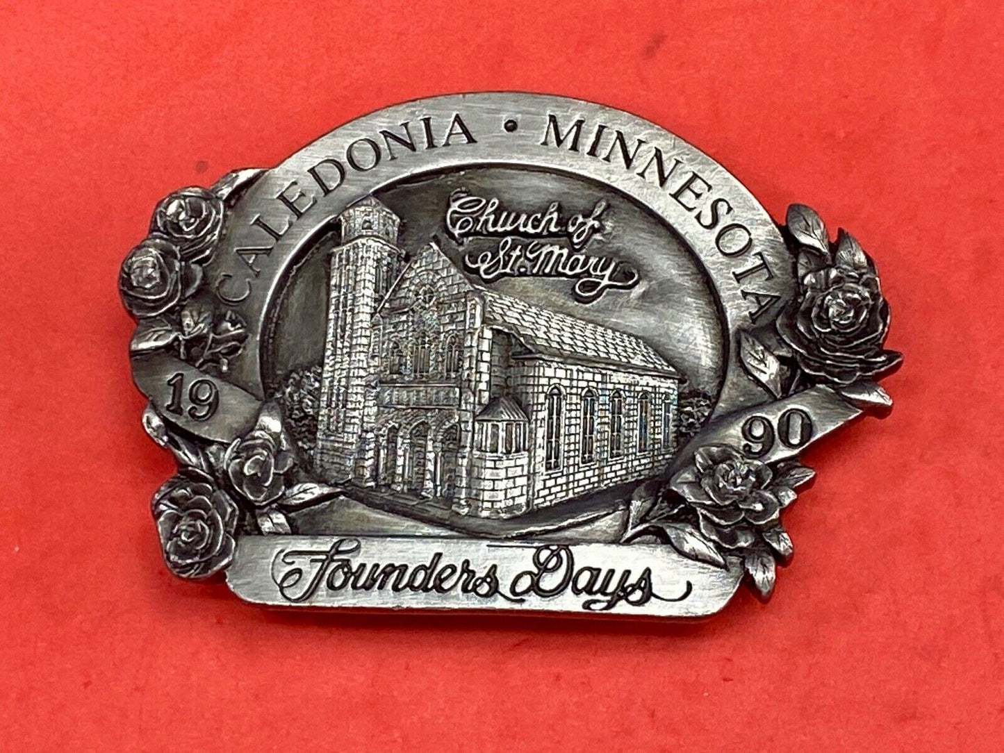 Vintage 1990 - Founder’s Days Caledonia MN belt buckle - Church of St Mary