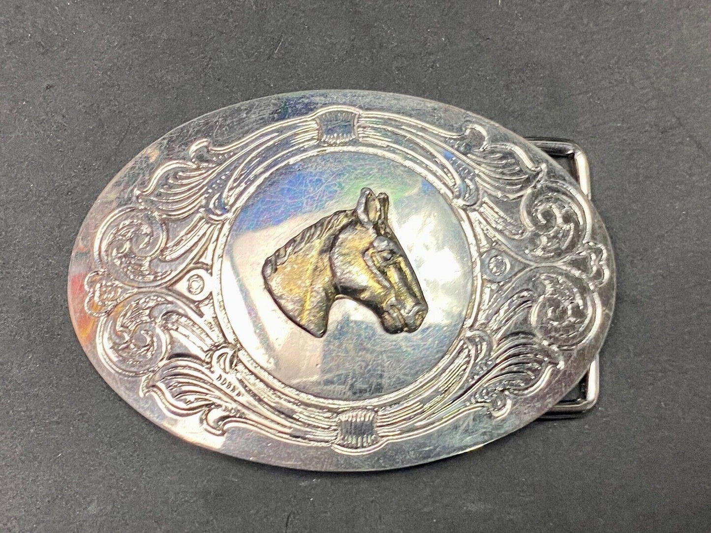 Beautiful Horse Bust Head Mixed Metal On Ornate Western Belt Buckle
