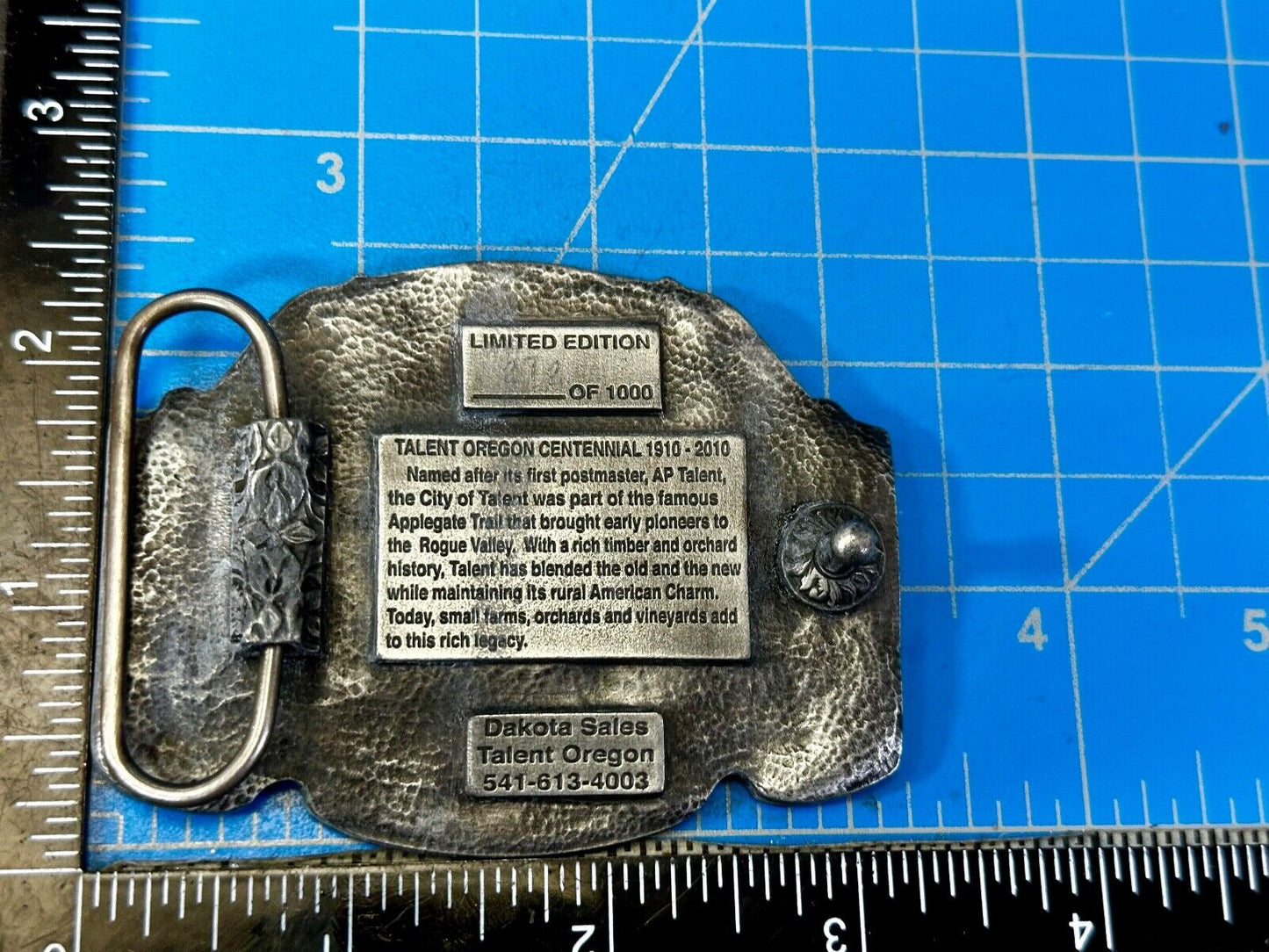 Talent Oregon Centennial Celebration 1910-2010 Belt Buckle