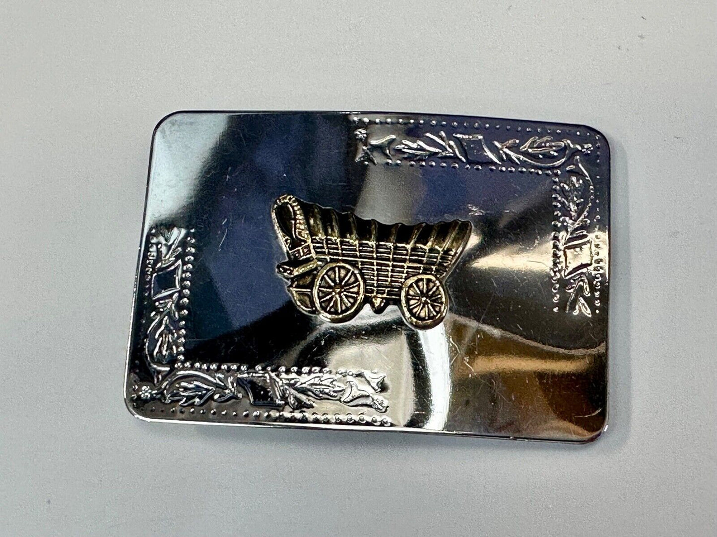Vintage Covered Wagon two tone reflective rectangular belt buckle