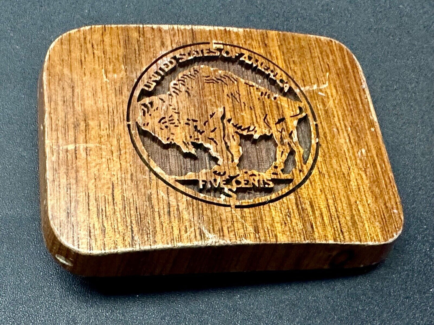 Vintage Buffalo Nickel Five Cents Wood Laser Engraved Lazercraft Belt Buckle USA