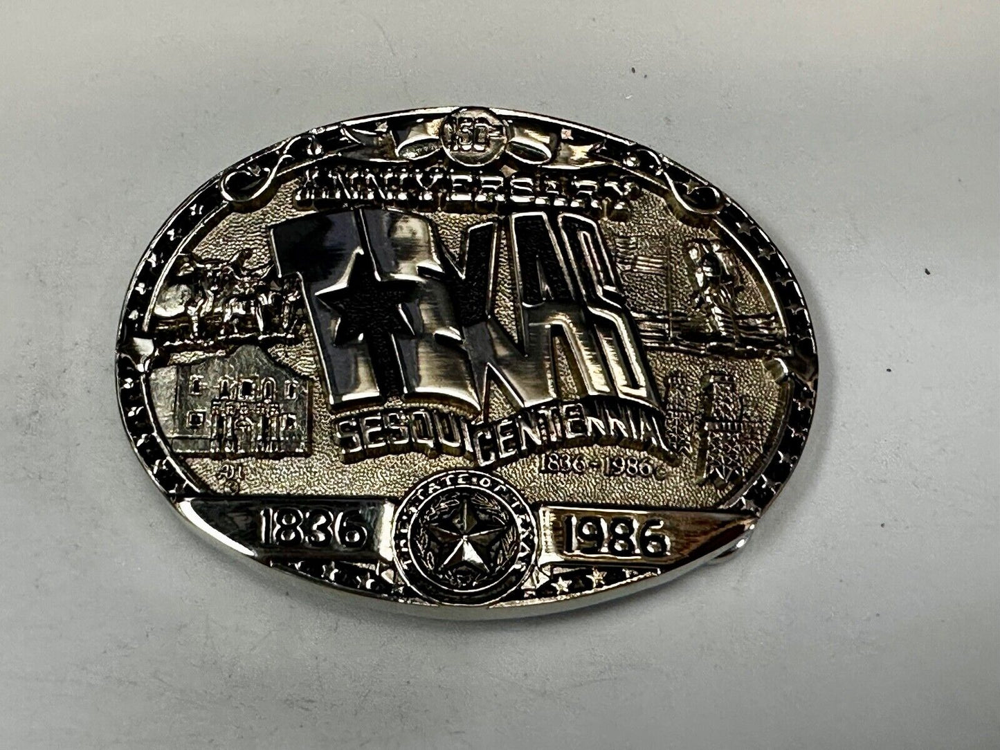 Texas Official 1986 Sesquicentennial ADM Belt Buckle - Oil rig, Alamo Lone Star