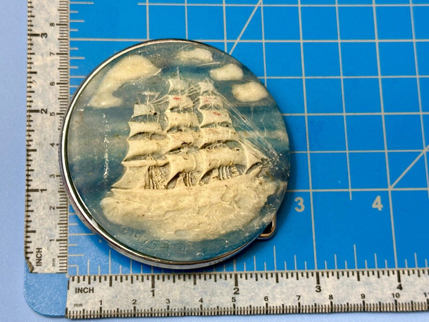 3-Masted Schooner Ship Carved Incolay Stone Cameo Vintage 1975 belt buckle