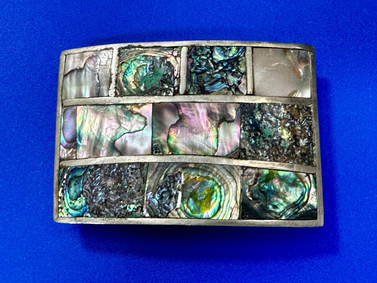 Vintage Abalone Shel Inlaid Silver Tone Large Rectangular Belt Buckle