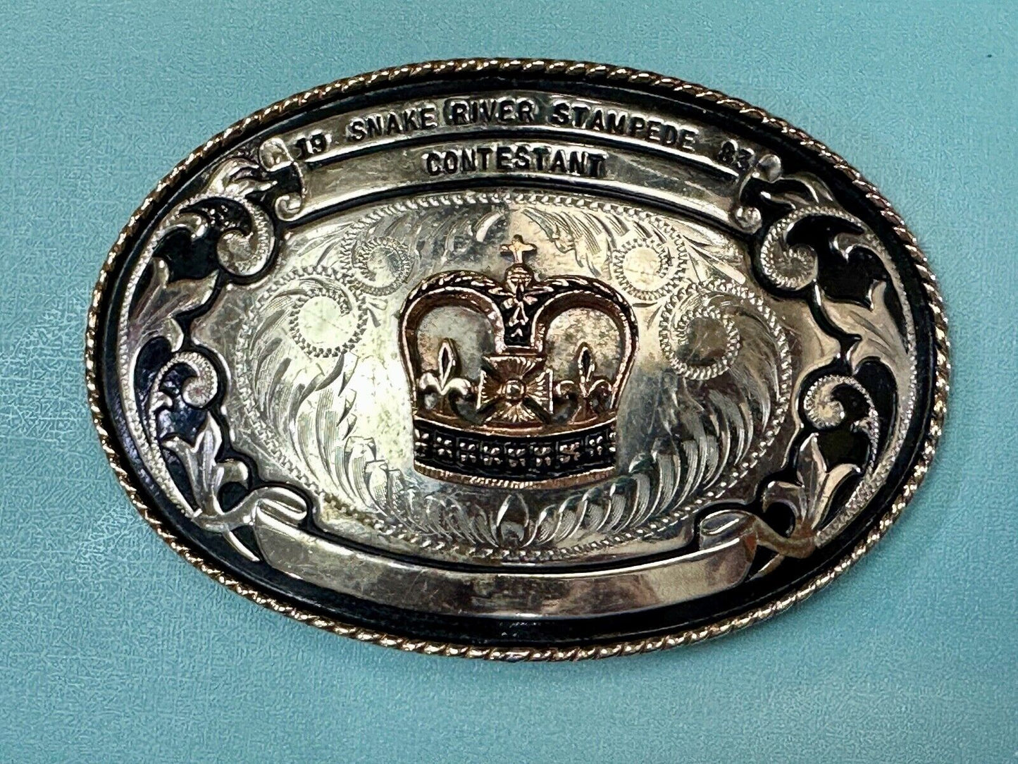 1983 Snake River Stampede Rodeo Idaho Trophy Comstock German Silver belt buckle
