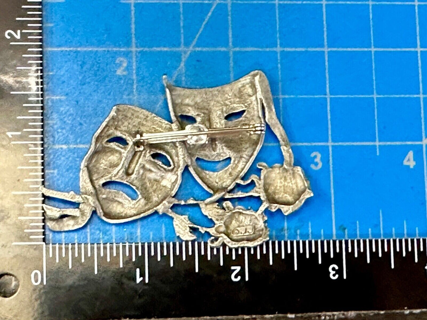 Theater Faces and Roses - Large JJ Signed silver tone vintage brooch pin