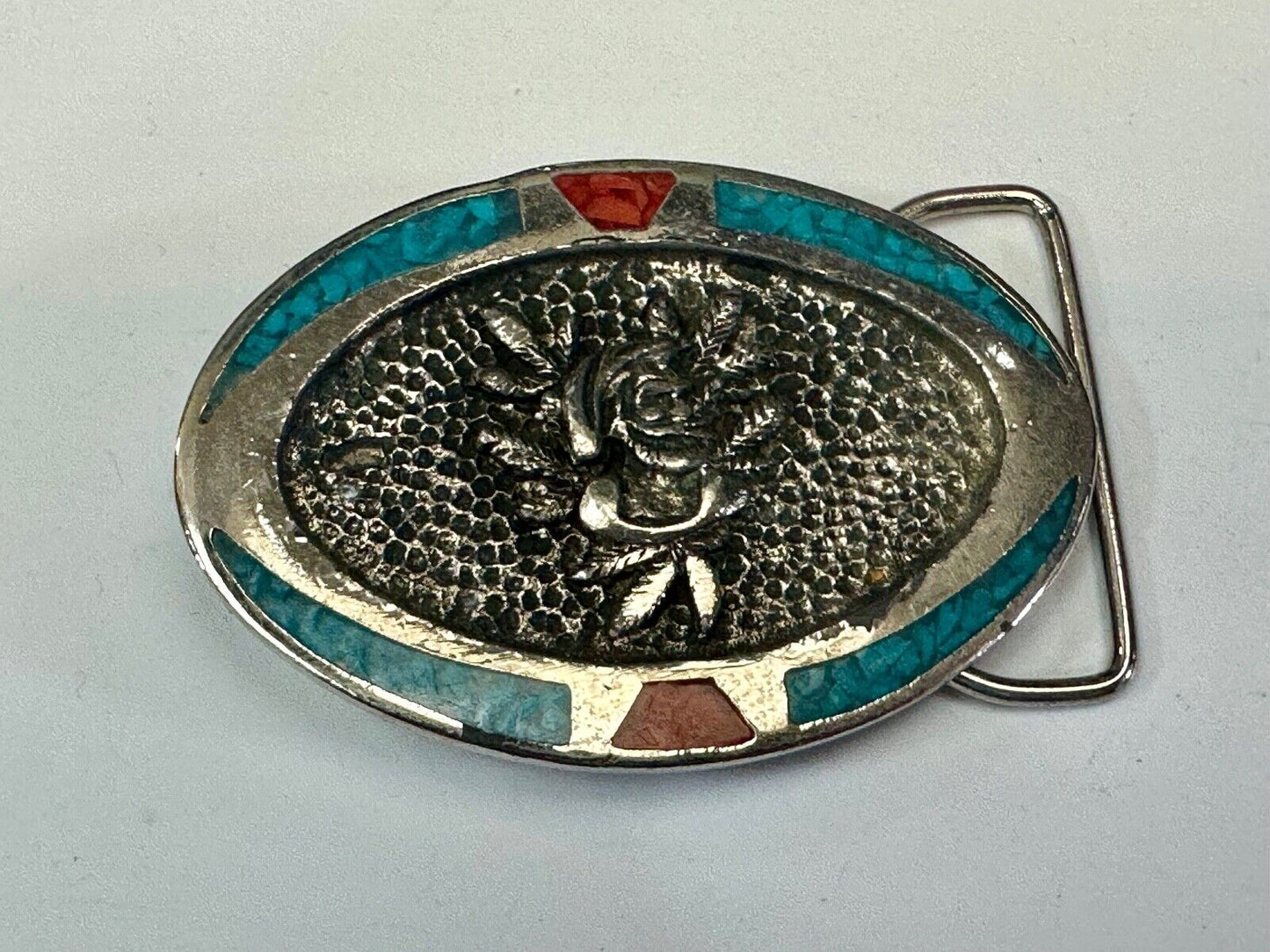 Beautiful ROSE flower Crushed Turquoise and Coral chip Boarder belt buckle by TT