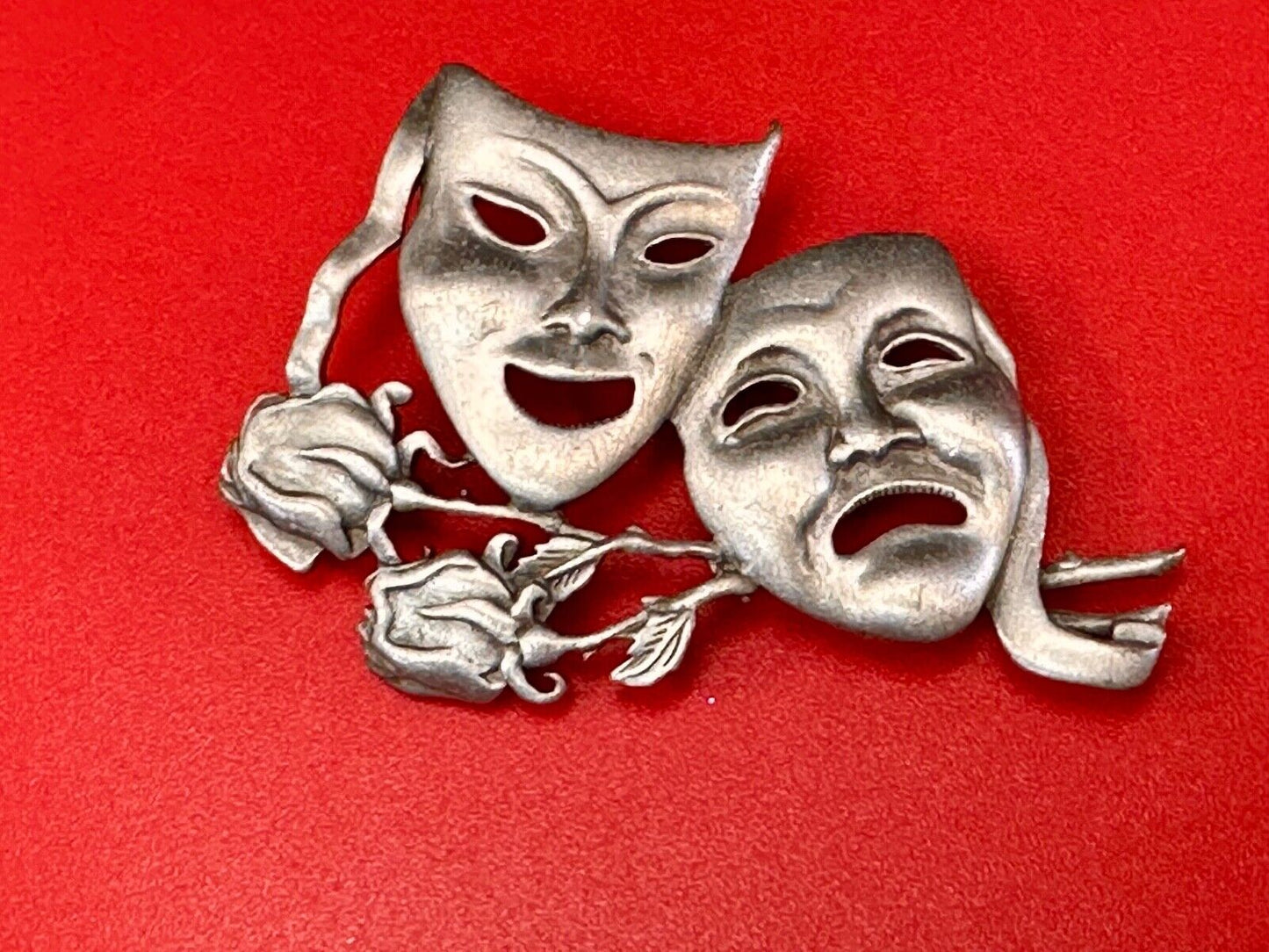 Theater Faces and Roses - Large JJ Signed silver tone vintage brooch pin