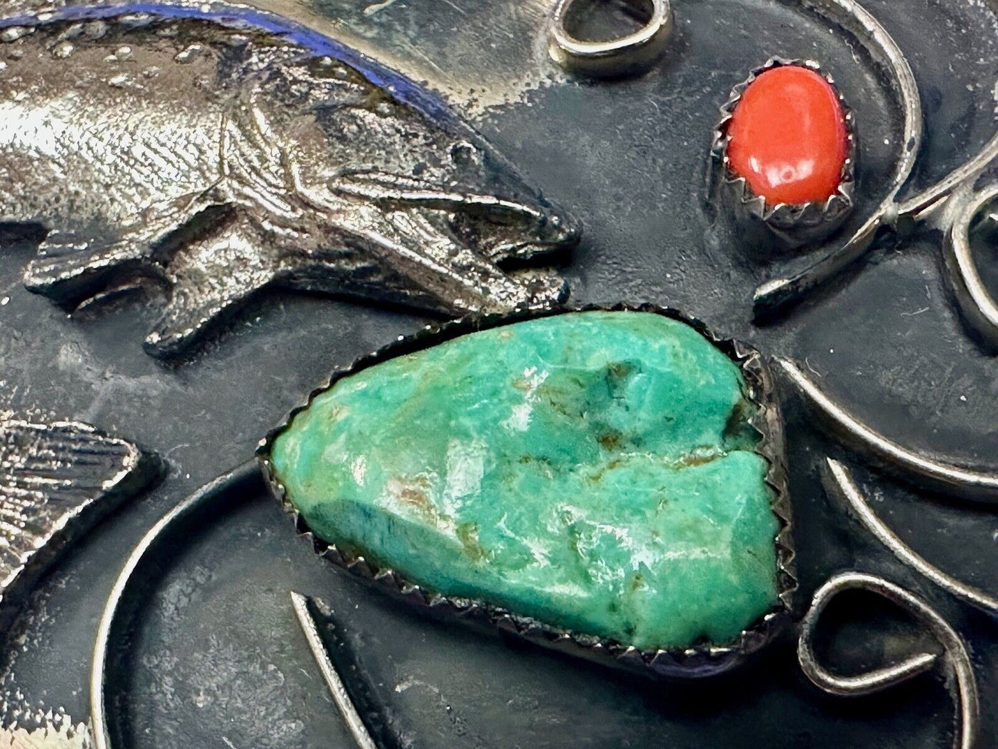 Bass Fish - Turquoise & Coral accented Native American Indian Style Belt Buckle