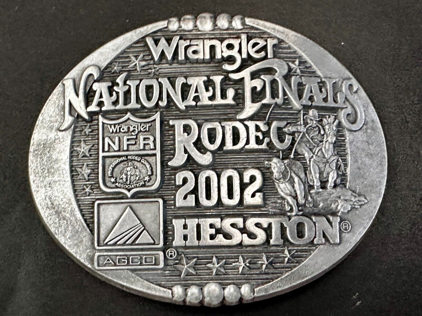 2002 Hesston NFR National Finals Rodeo Wrangler Montana Silversmiths Belt Buckle