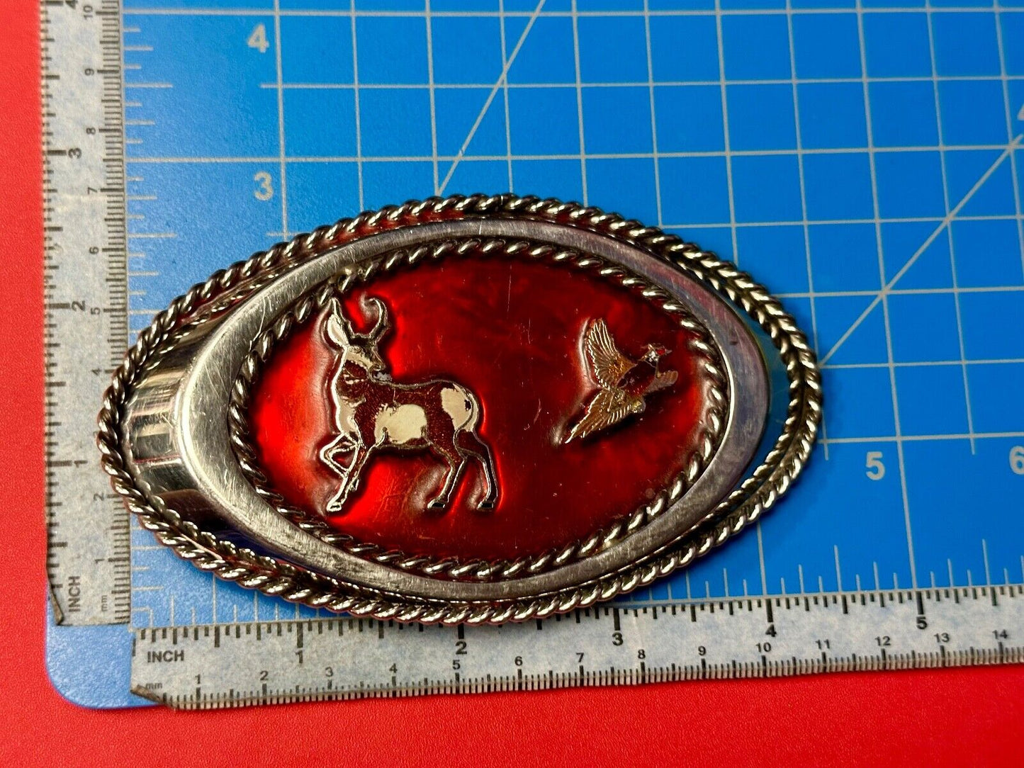 Vintage Artisan Hunters Deer and Quail oval western belt buckle