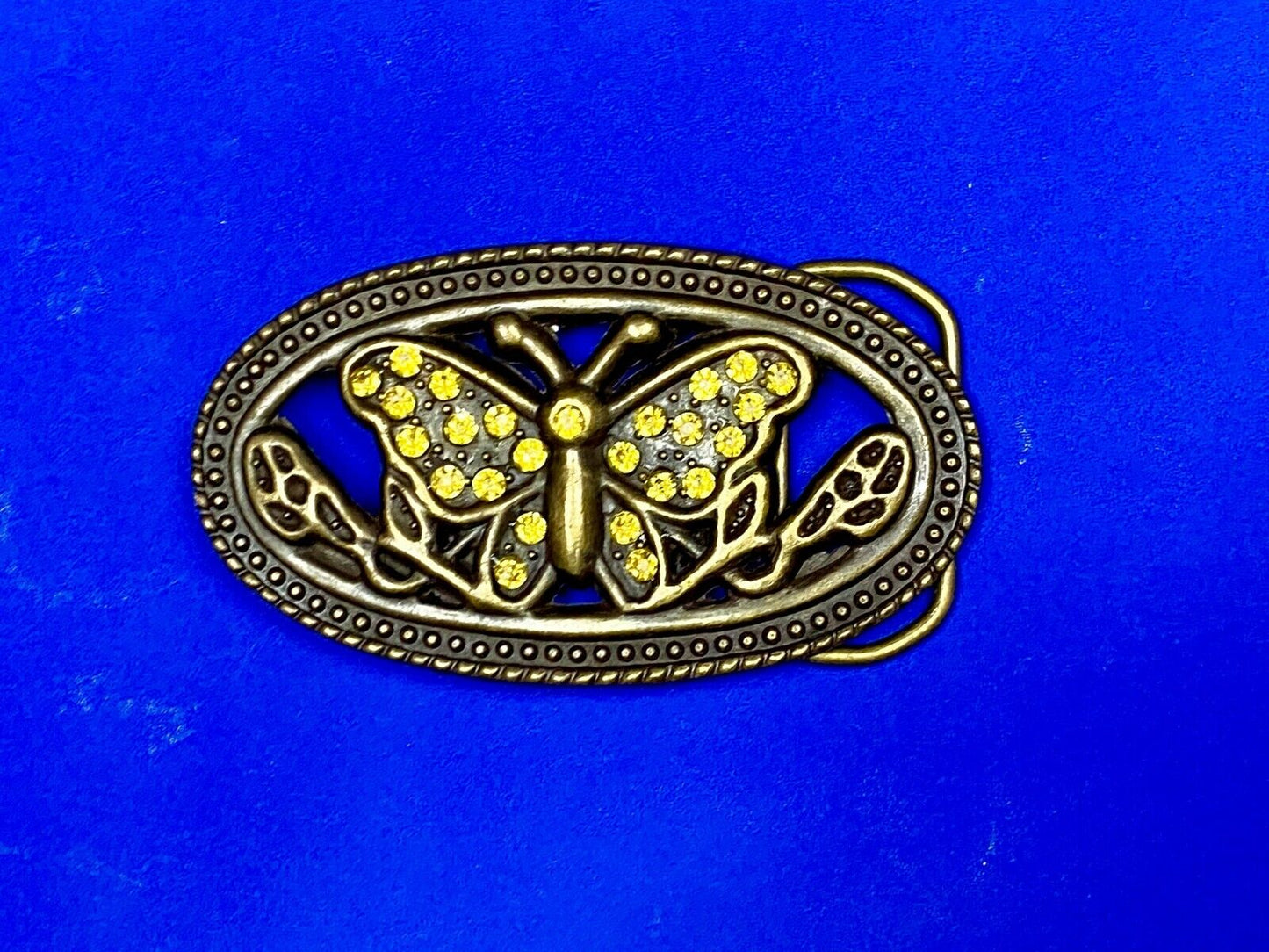 Beautiful Cut Out Butterfly - Yelloew Rhinestone Accented Brown Belt Buckle