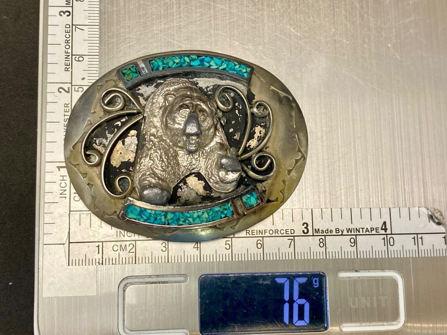 Bear Coming At You! Crushed Turquoise Belt Buckle - Hallmarked Nc? Navajo?