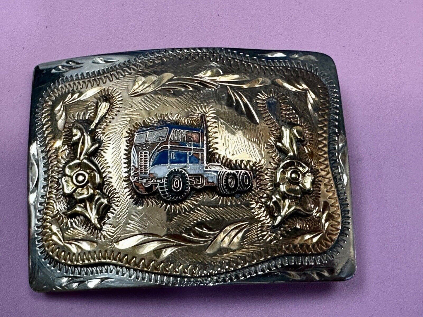 Beautiful custom Semi Drivers western two tone engraved accent Belt Buckle