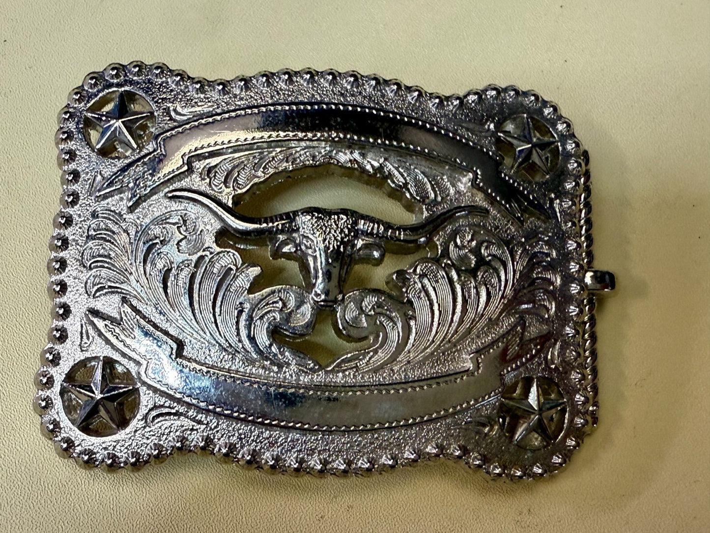 Texas Longhorn Cutout See Through Silver Tone Belt Buckle W/ Stars Award Ribbon