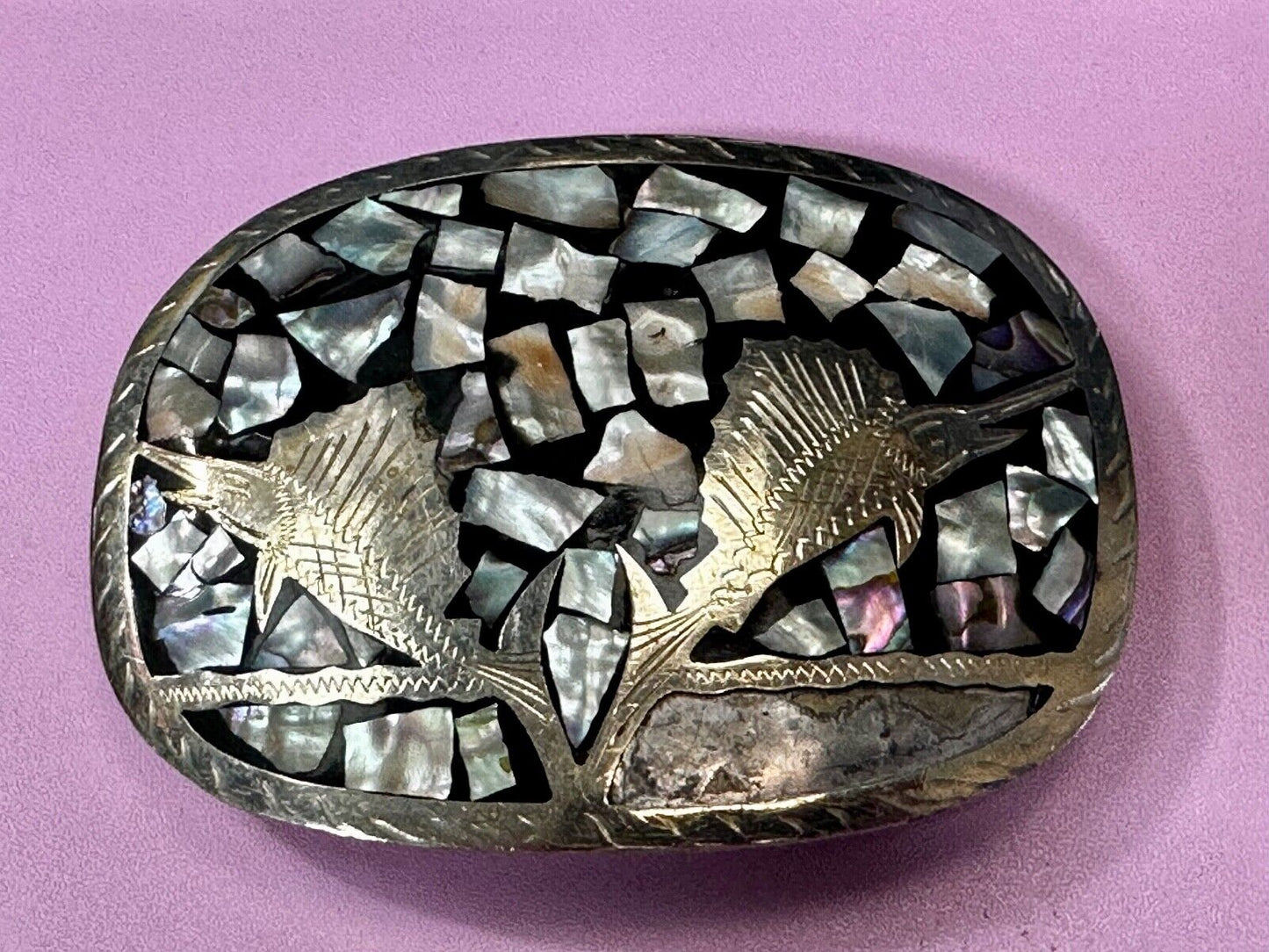 Swordfish with Abalone Shell Inlaid Western Belt Buckle - missing shell to repar
