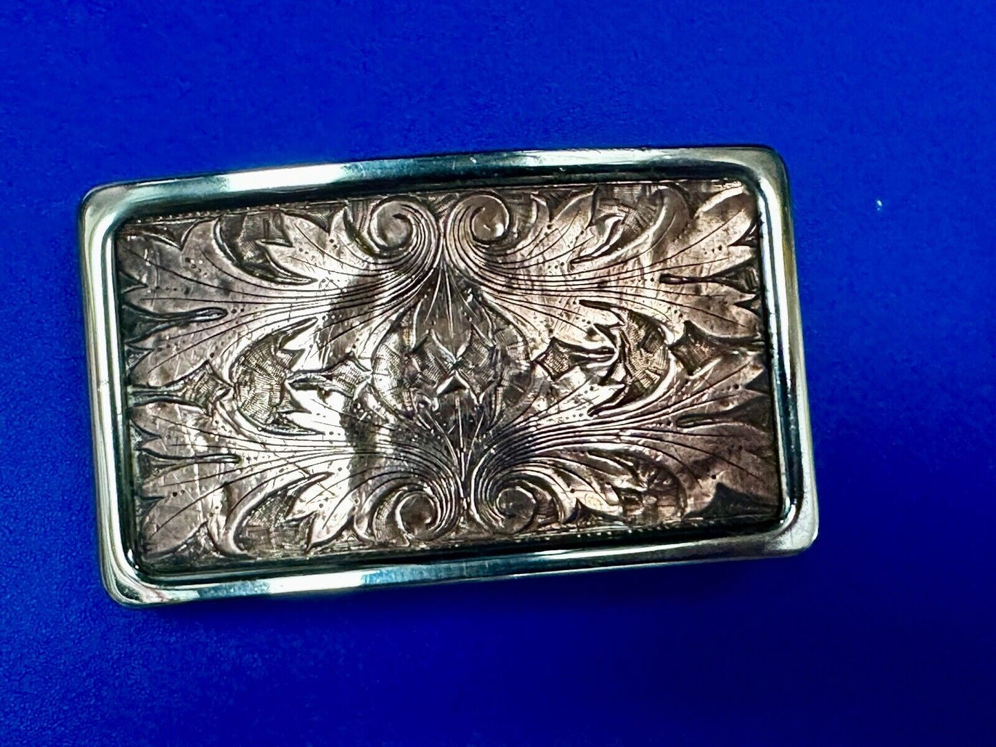 Vintage etched brown leaf pattern two tone Belt Buckle