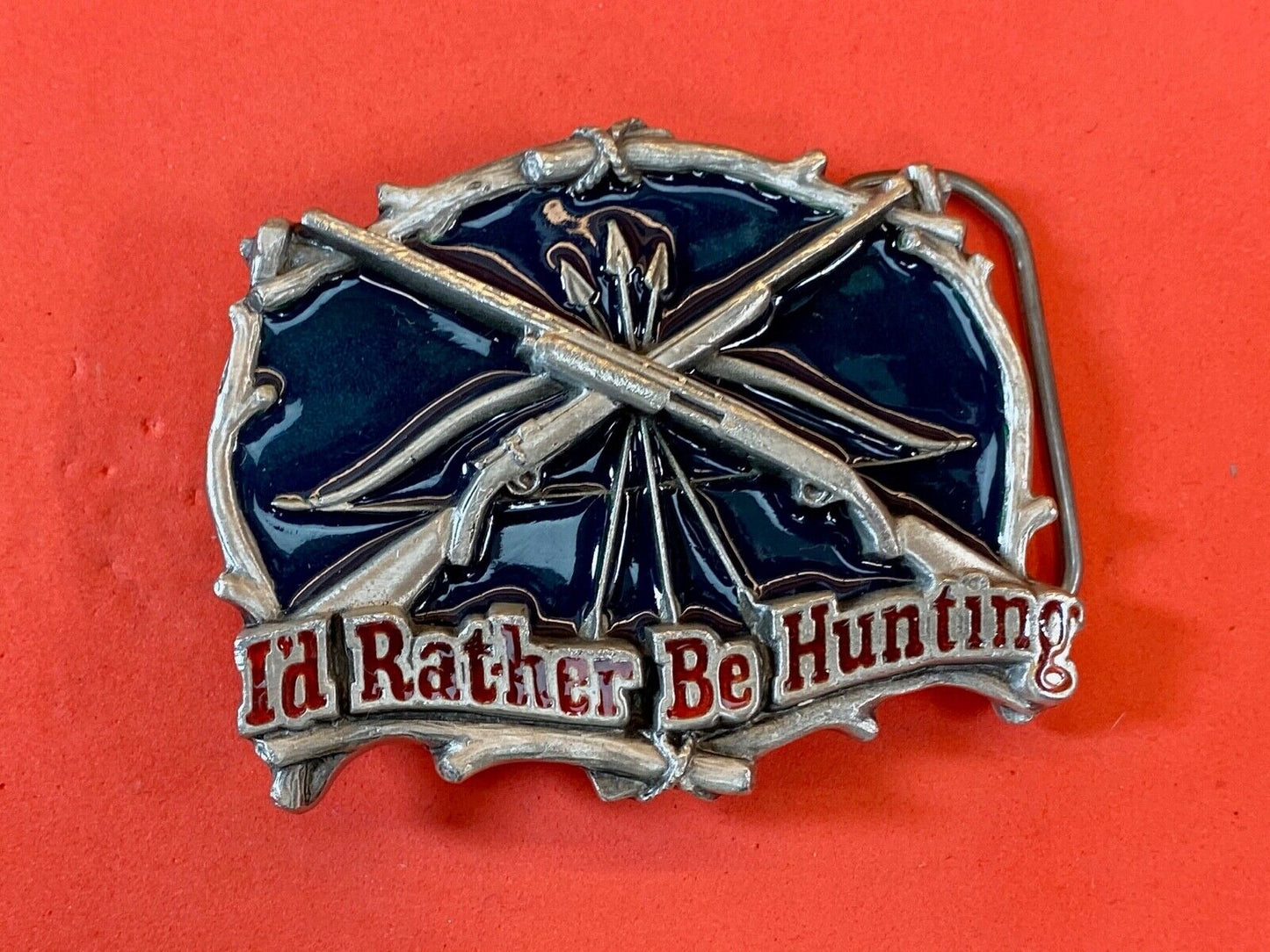 Vintage 1994 Id Rather Be Hunting Great American Belt Buckle - Crossed Shotguns