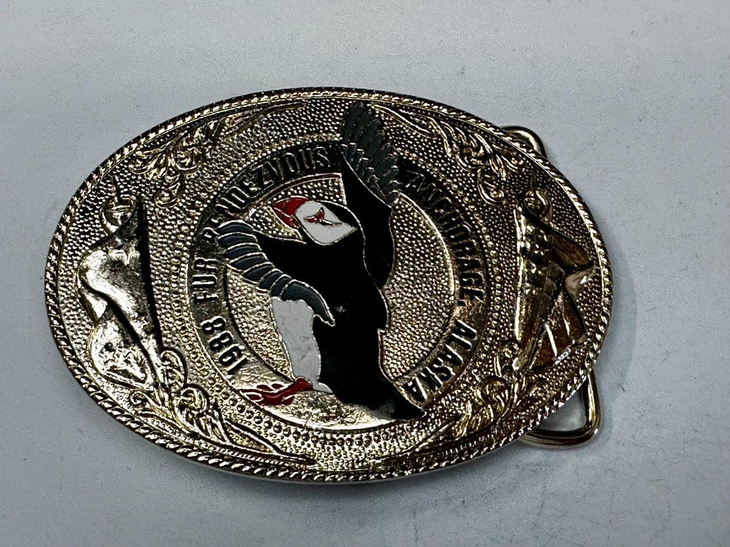 1988 Fur Rendezvous Anchorage Alaska Flag Bald Eagle Commemorative Belt Buckle