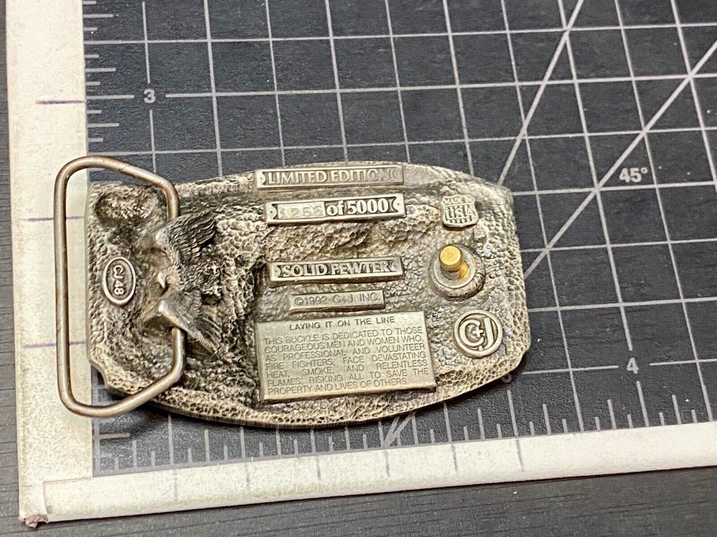 Vintage 1992, Laying it on the line fire department pewter belt buckle