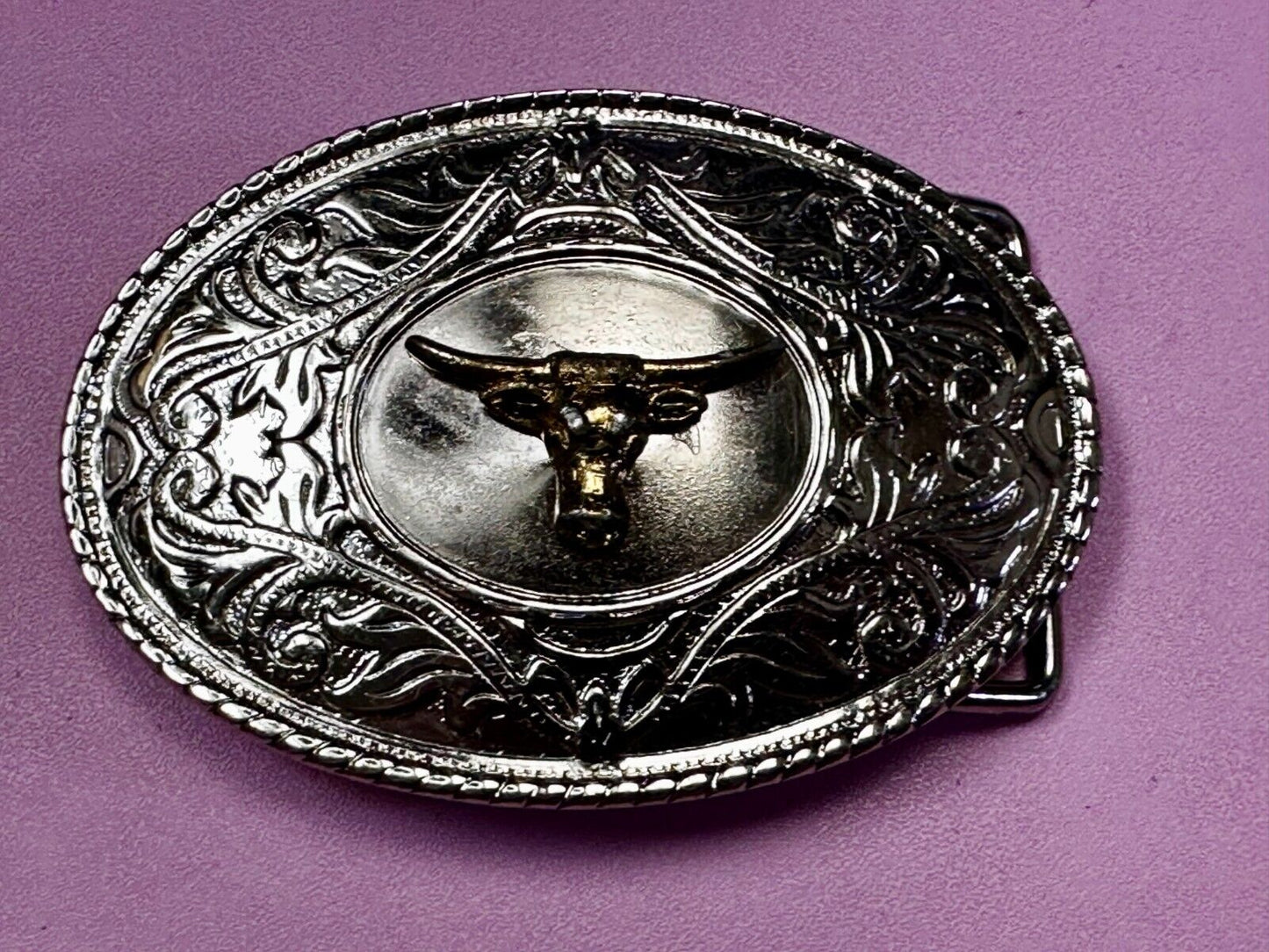 Texas Longhorn Vintage Ornate Cowboys Cowgirls Western Two Tone Belt Buckle