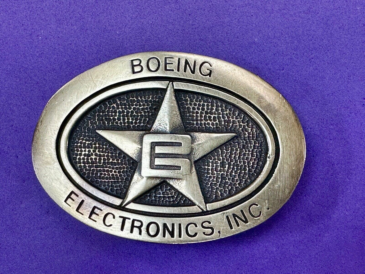 Vintage Boeing Electronics Inc Solid Brass BTS 1978 belt buckle Star Emblem