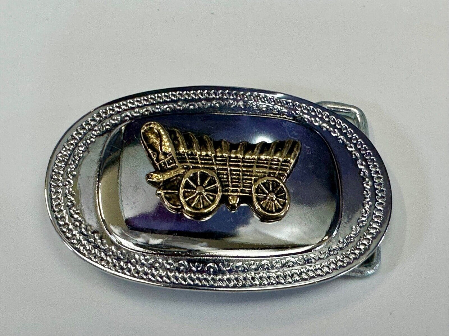 Vintage Covered Wagon - western two tone outlined belt buckle
