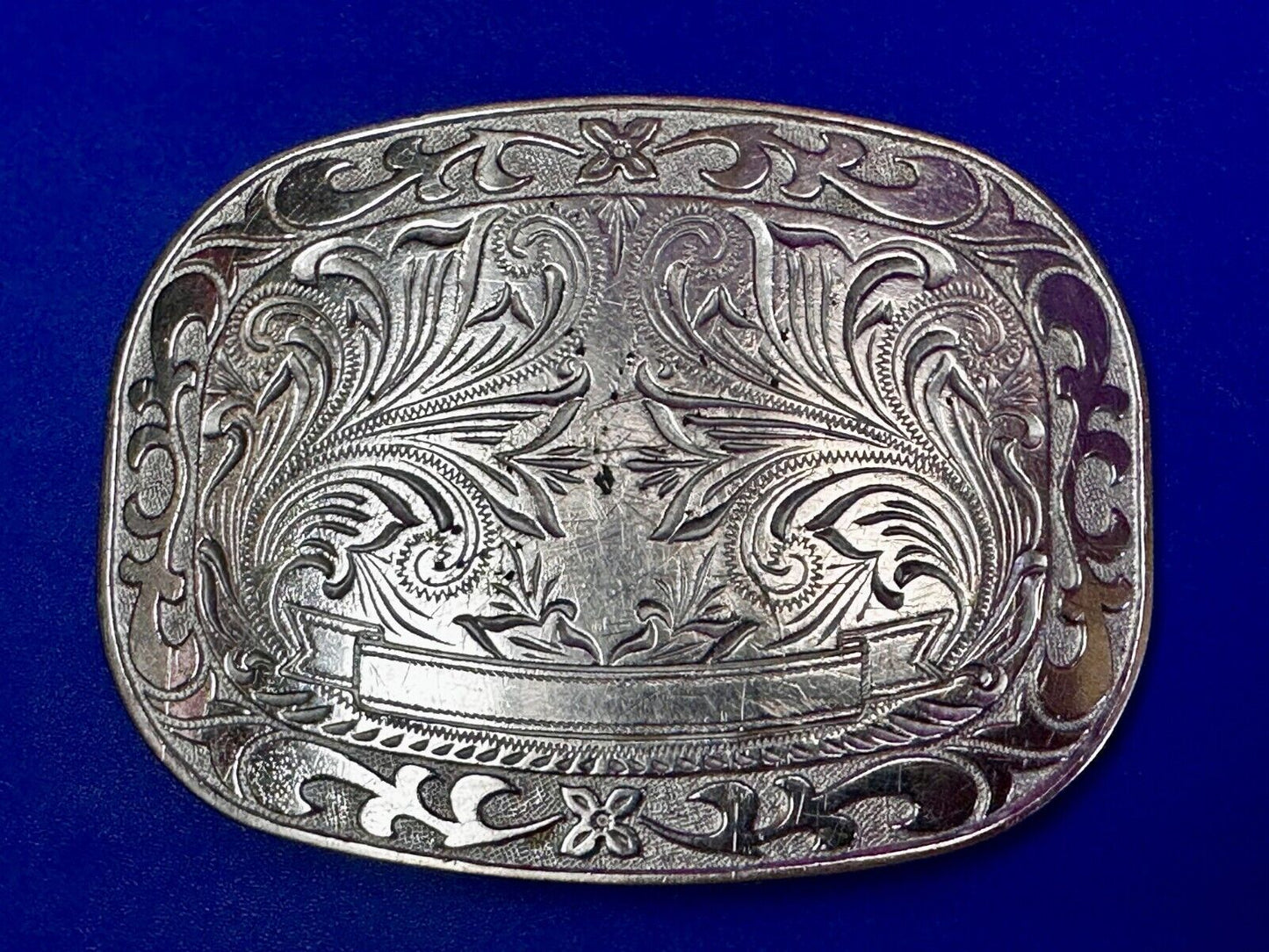 Award Ribbon Scroll To Engrave Western Flower Swirl Design Vintage Belt Buckle
