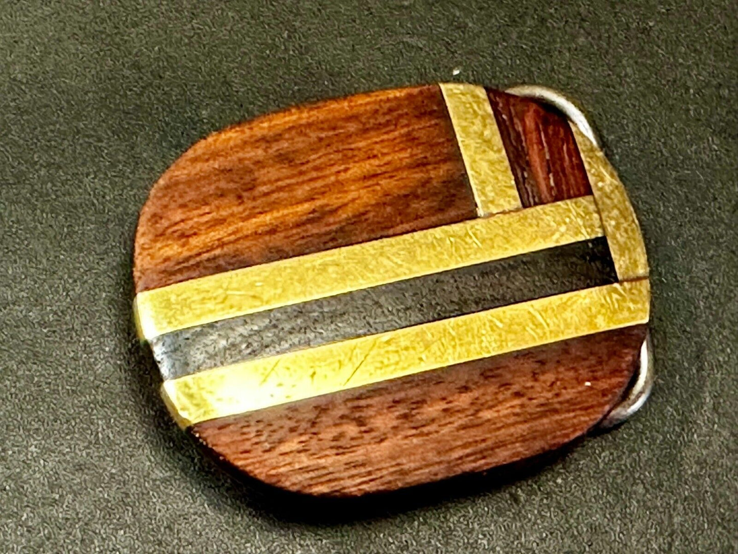 Vintage Artisan Inlay Mixed Wood And Solid Brass Small Belt Buckle