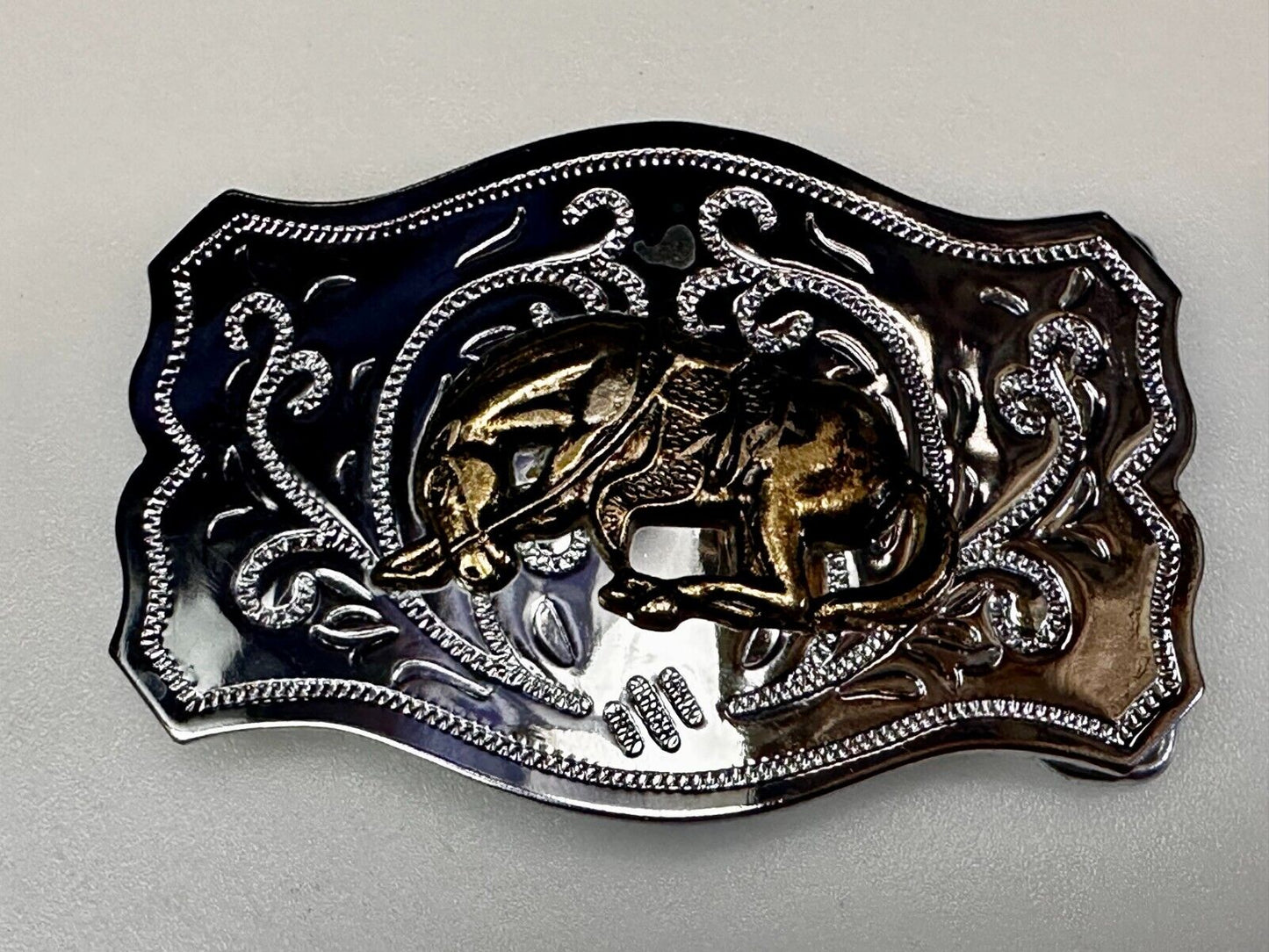 Vintage Cowboy Saddle Bronc Bucking Horse Two tone Belt Buckle