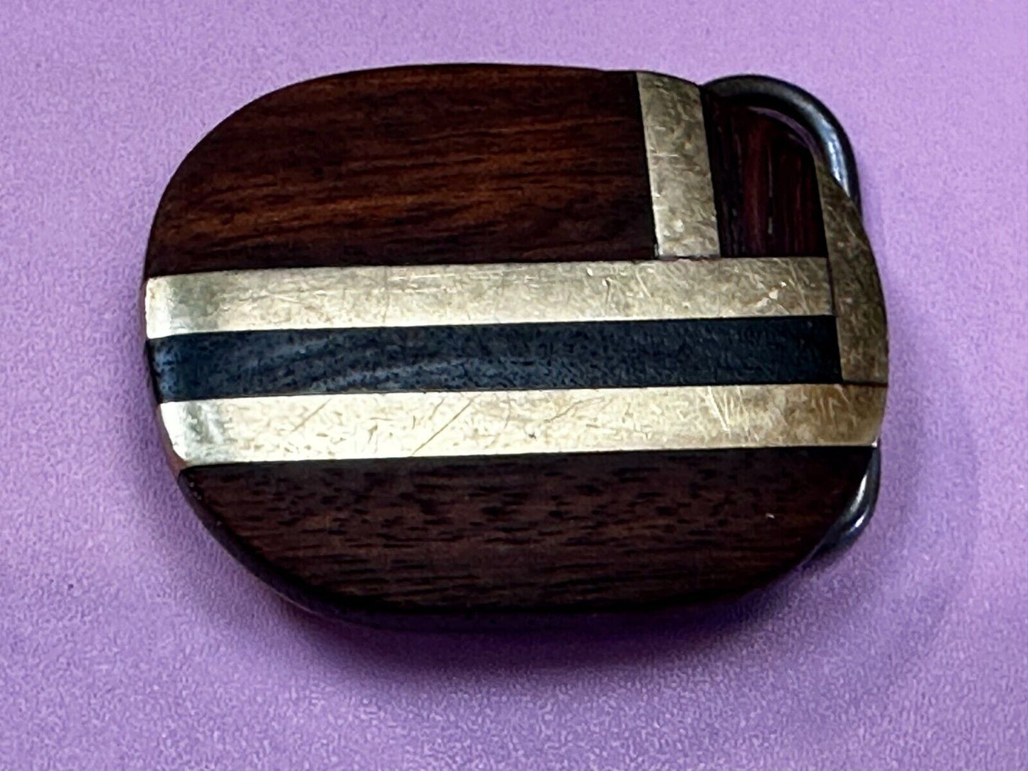 Vintage Artisan Inlay Mixed Wood And Solid Brass Small Belt Buckle
