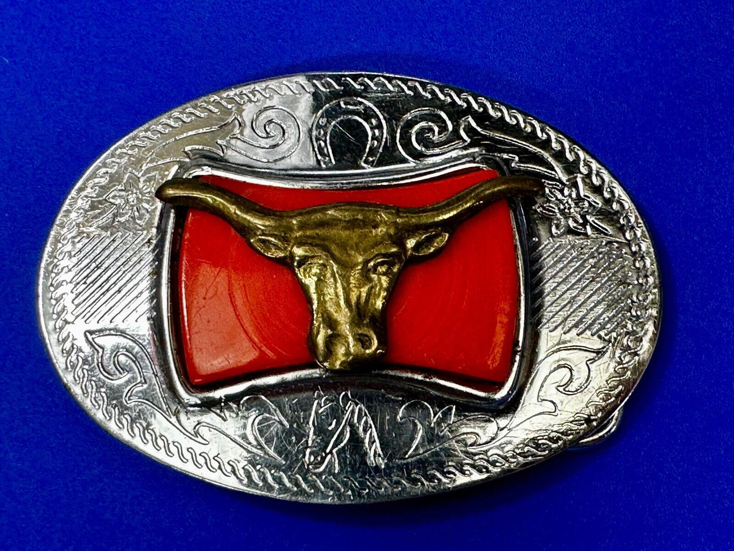 Texas Longhorn Cattle Bull Orange Enamel Backed Western Style Belt Buckle